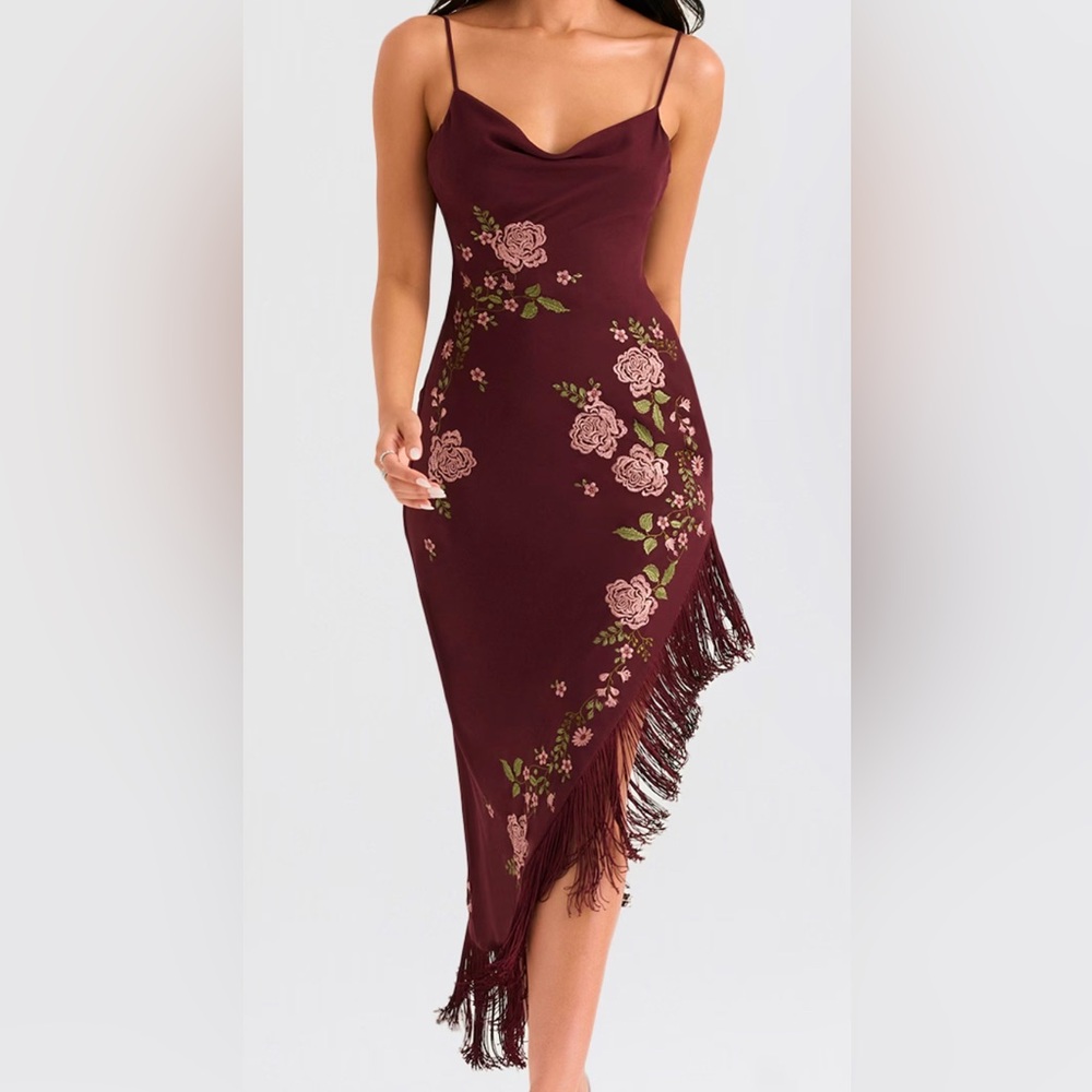House of CB ELOISA Wine Embroidered Midi Dress